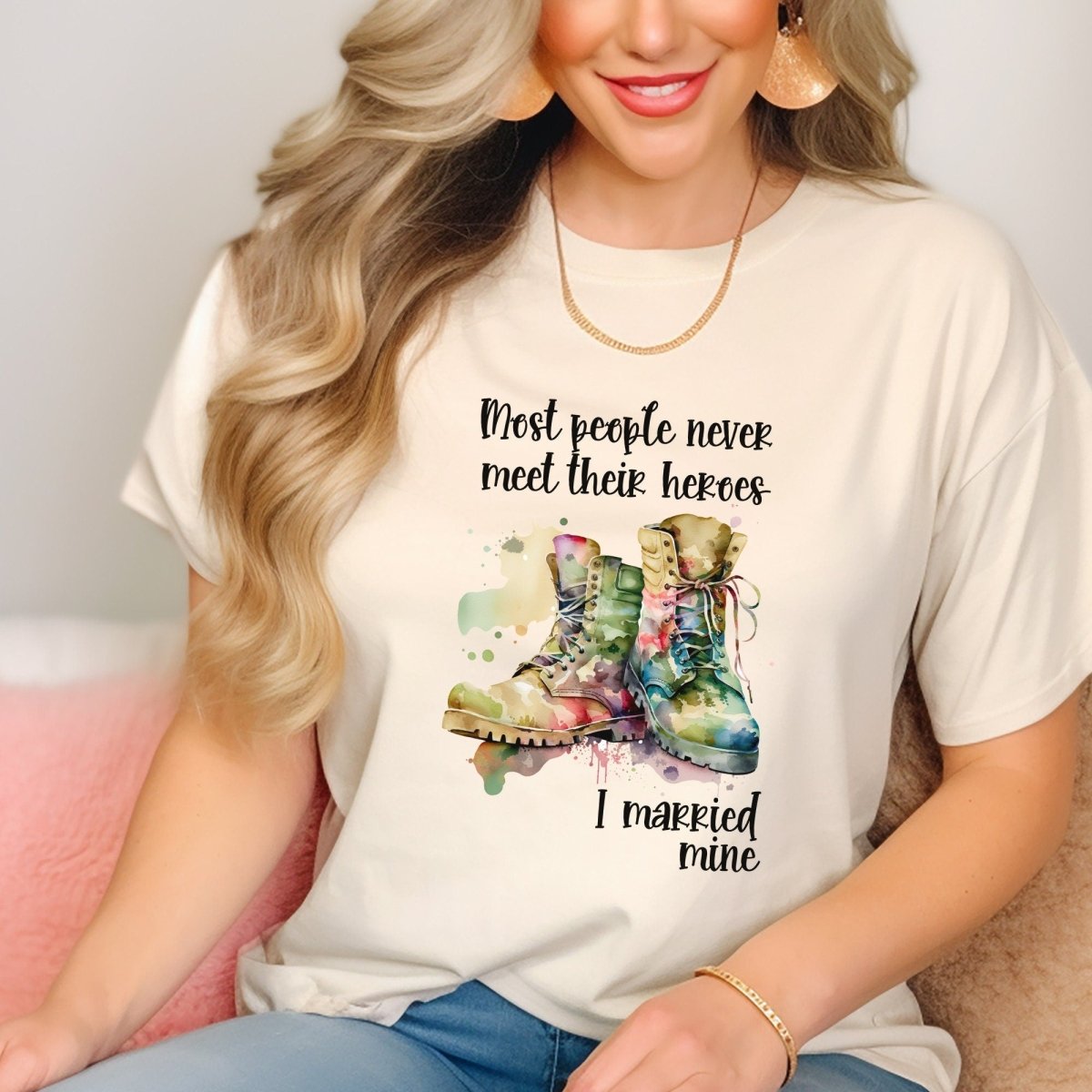 I Married My Hero Military Wife Shirt, Patriotic Military Spouse Gift Tee - Natural - XS -