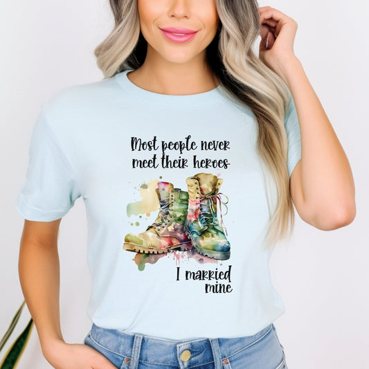I Married My Hero Military Wife Shirt, Patriotic Military Spouse Gift Tee - Baby Blue - XS -