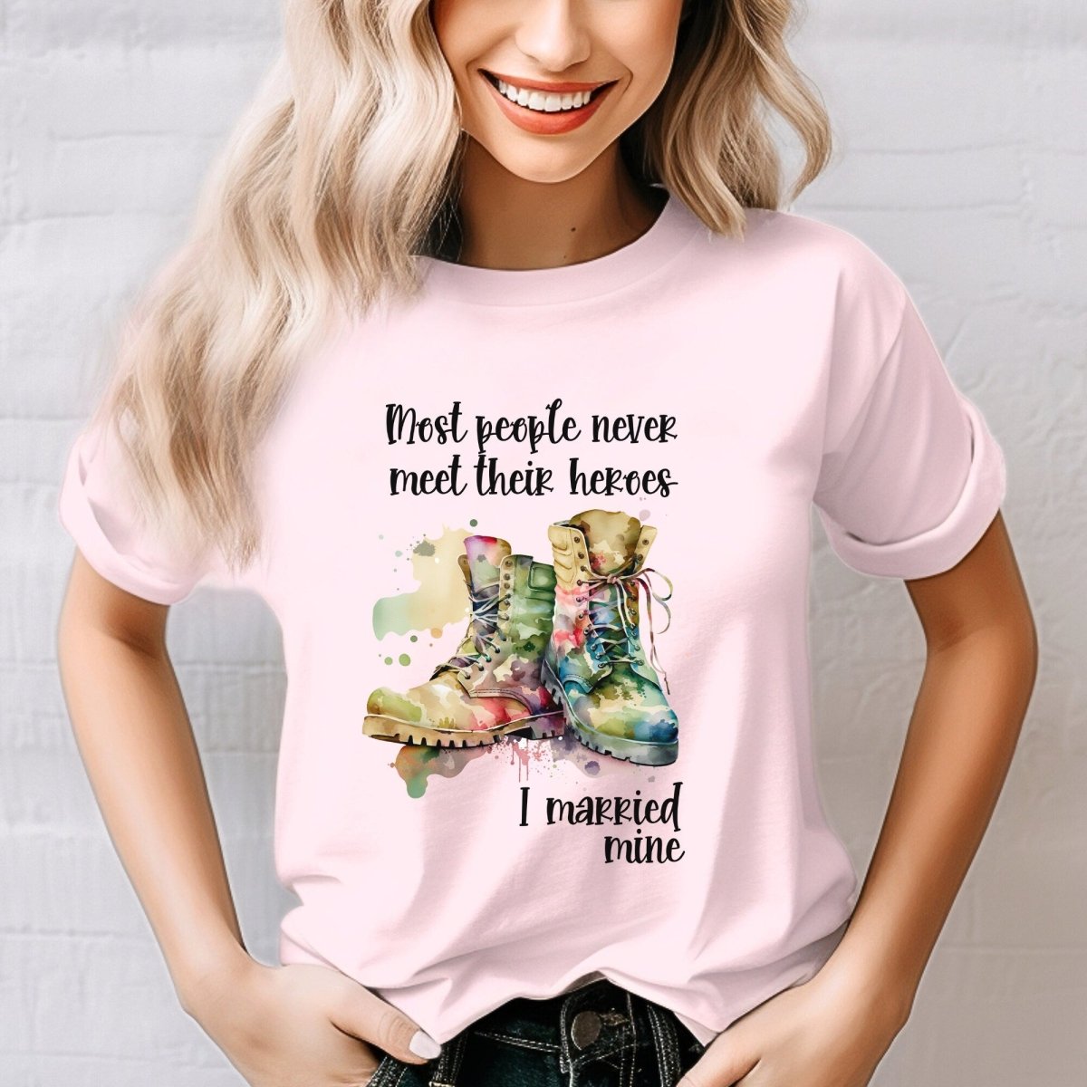I Married My Hero Military Wife Shirt, Patriotic Military Spouse Gift Tee - Soft Pink - XS -