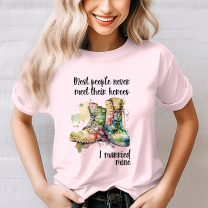 I Married My Hero Military Wife Shirt, Patriotic Military Spouse Gift Tee - Soft Pink - XS -