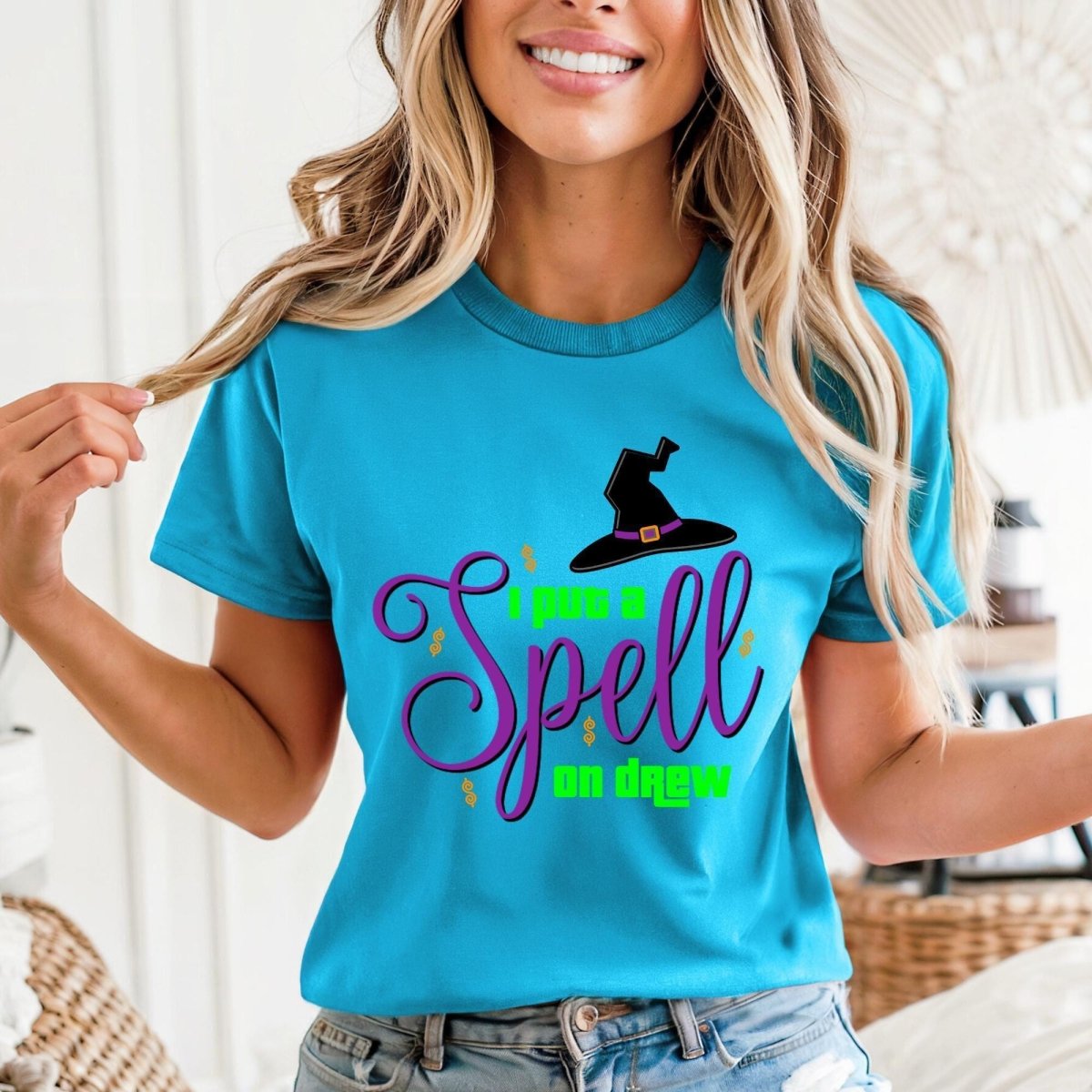 I Put a Spell on Drew Price is Right Shirt, Hocus Pocus Halloween Tee, Witchy Fan Gift - Aqua - XS -