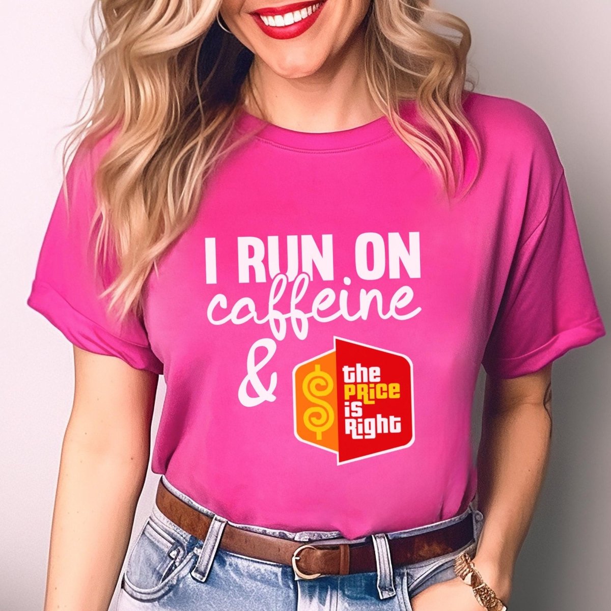 I Run on Caffeine and the Price is Right Shirt, Coffee Lover Tee - Berry - XS -
