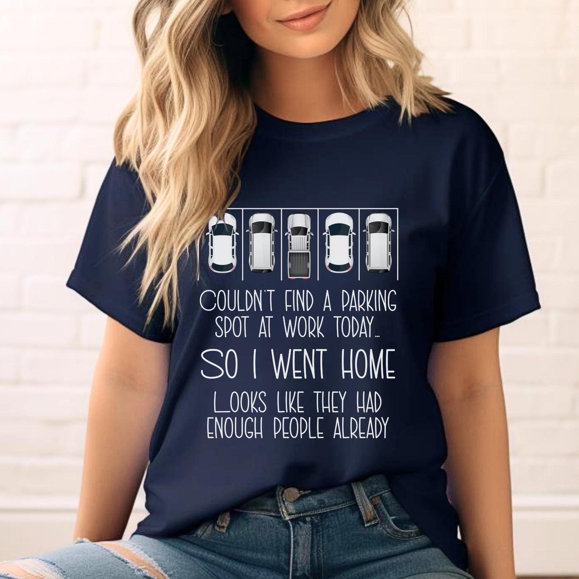 Couldn't Find a Parking Spot funny coworker gift shirt in Navy color, unisex tee mockup