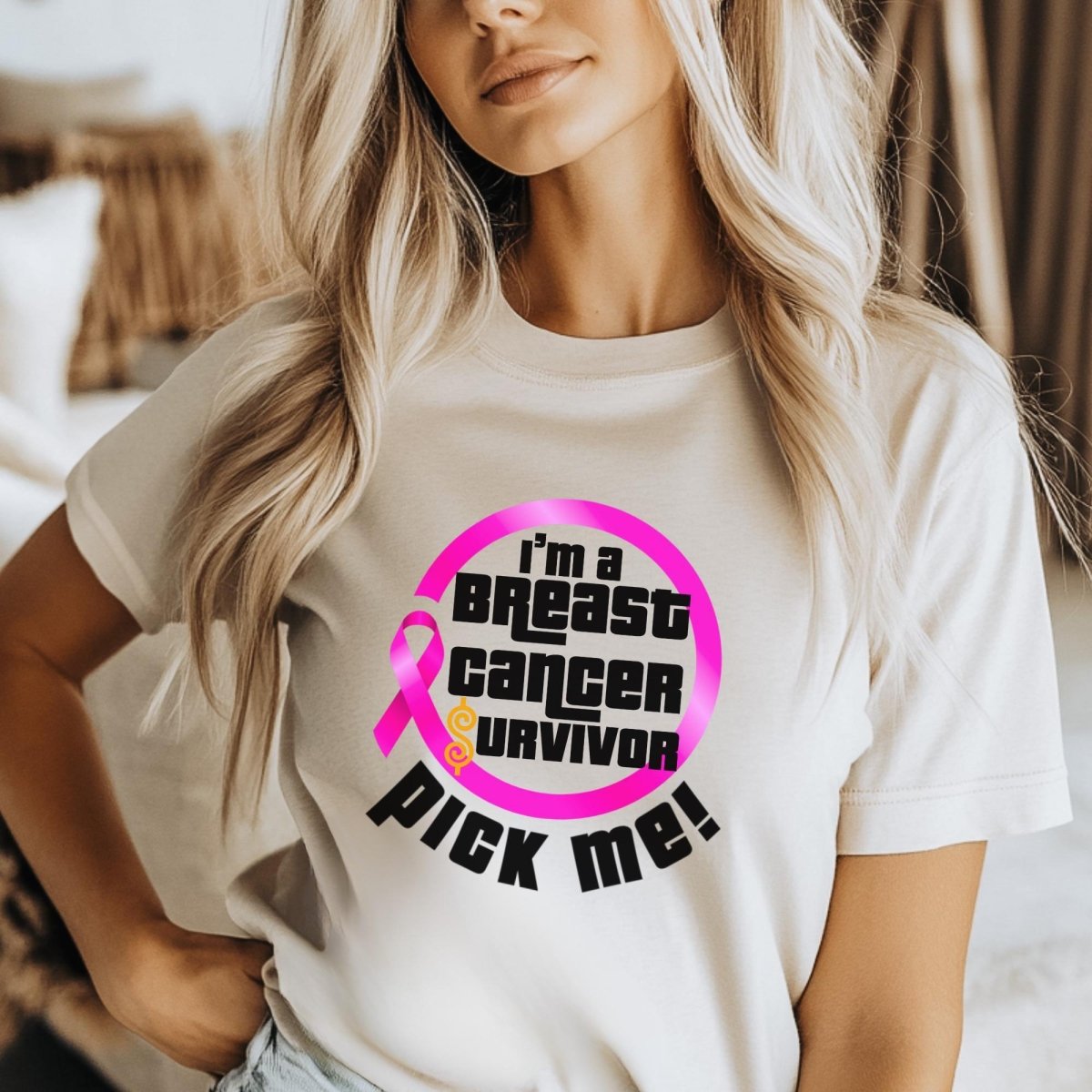 I'm a Breast Cancer Survivor, Pick Me Price is Right Shirt, Pink Ribbon Tee, Fan Gift - Natural - XS -