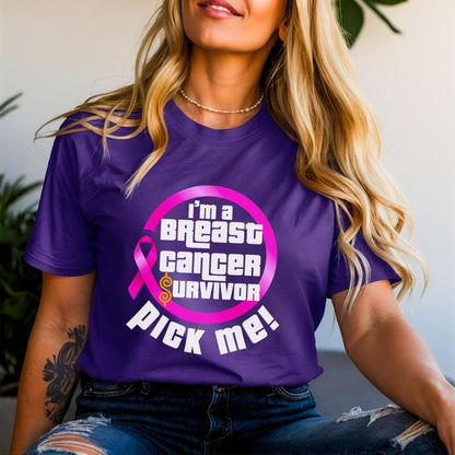 I'm a Breast Cancer Survivor, Pick Me Price is Right Shirt, Pink Ribbon Tee, Fan Gift - Team Purple - XS -