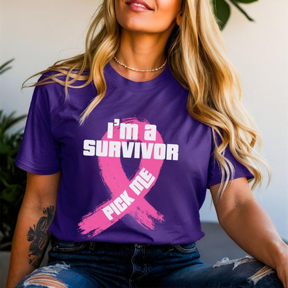 I'm a Survivor Pick Me Price is Right Breast Cancer Awareness Shirt, Pink Ribbon Design - Team Purple - XS -