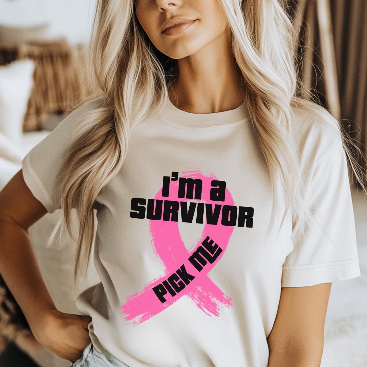 I'm a Survivor Pick Me Price is Right Breast Cancer Awareness Shirt, Pink Ribbon Design - Natural - XS -