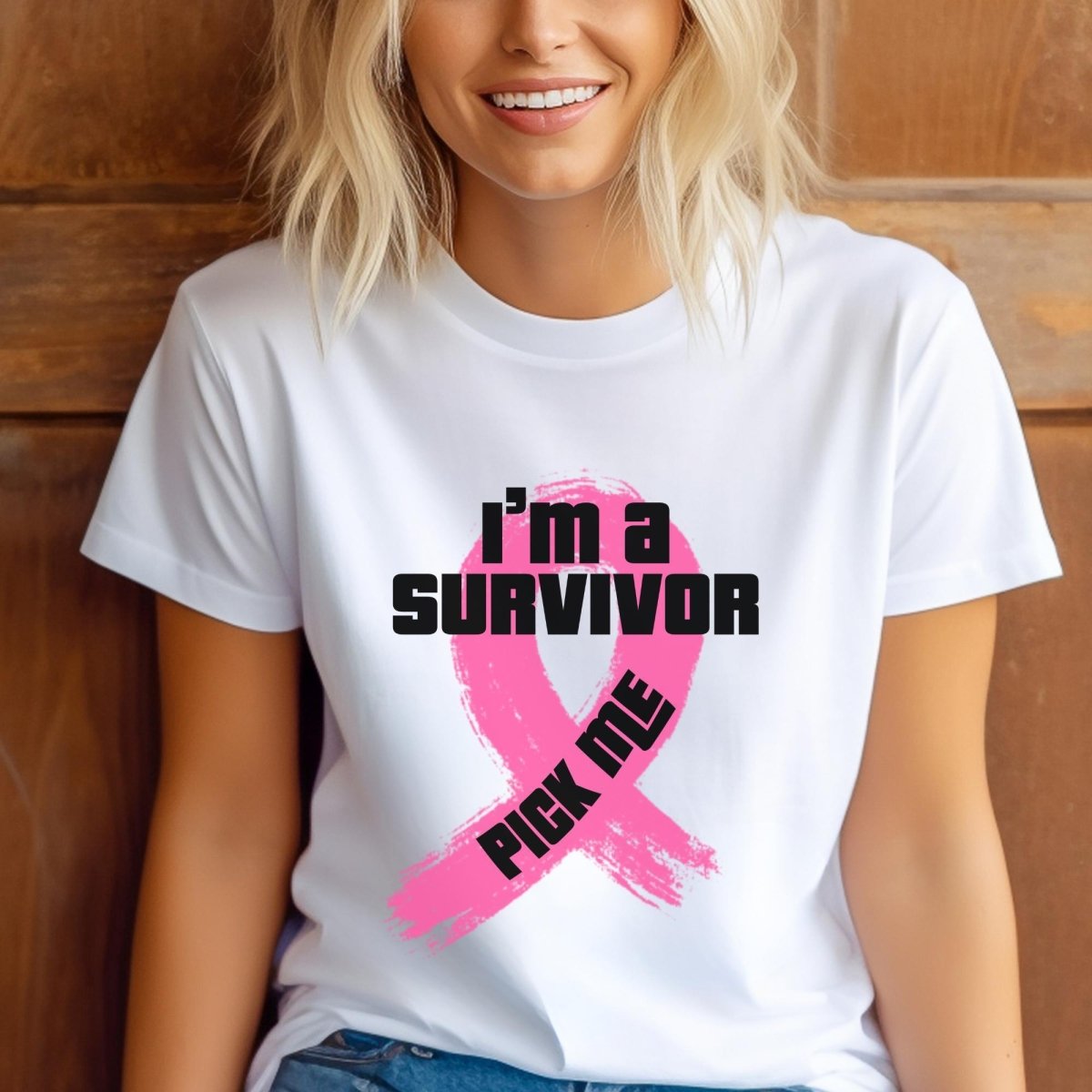 I'm a Survivor Pick Me Price is Right Breast Cancer Awareness Shirt, Pink Ribbon Design - White - XS -
