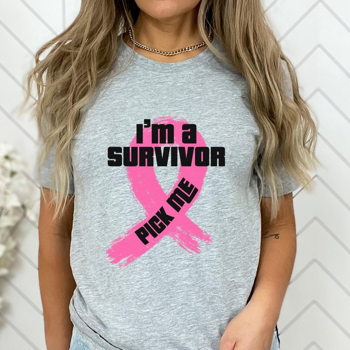 I'm a Survivor Pick Me Price is Right Breast Cancer Awareness Shirt, Pink Ribbon Design - Athletic Heather - XS -