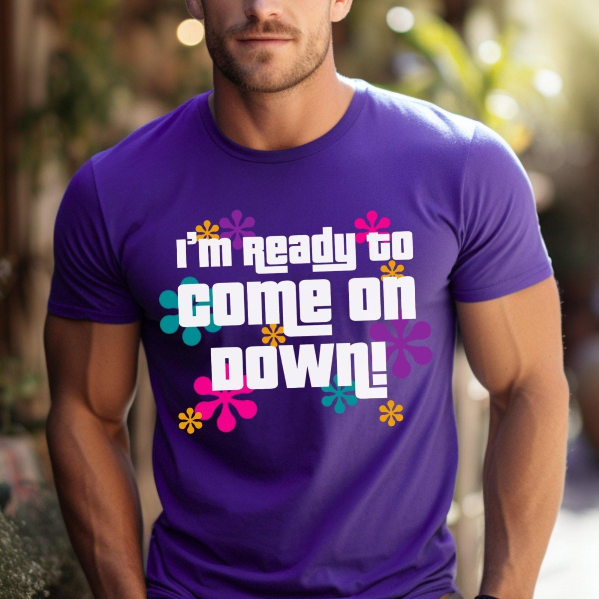 I'm Ready to Come on Down Price is Right Shirt with Colorful Retro Flowers - Purple - XS - Short
