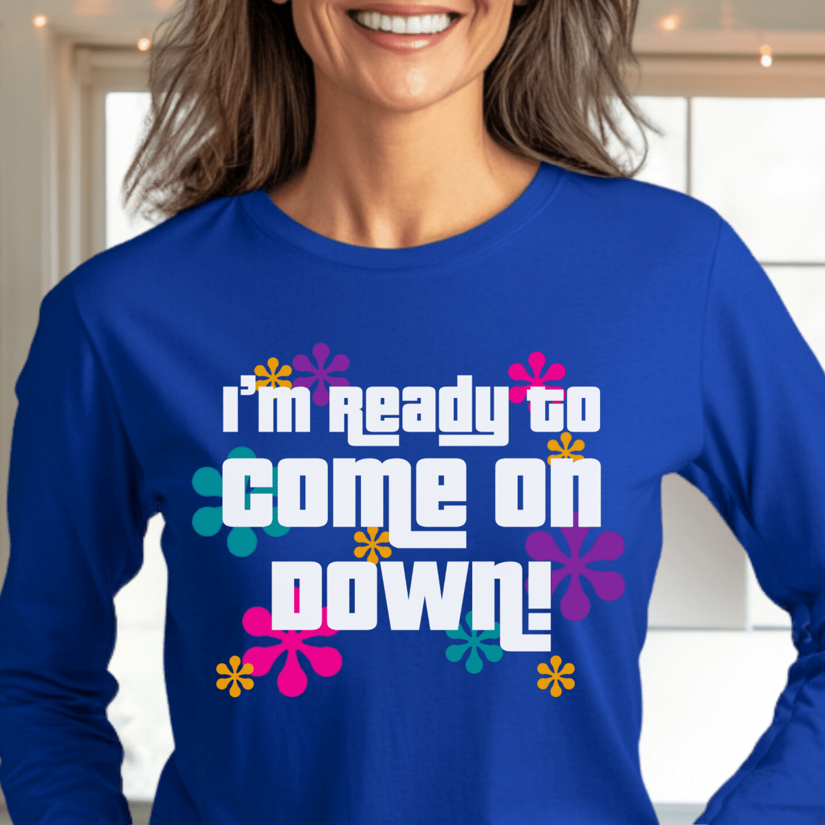 I'm Ready to Come on Down Price is Right Shirt with Colorful Retro Flowers - Blue - S - Long