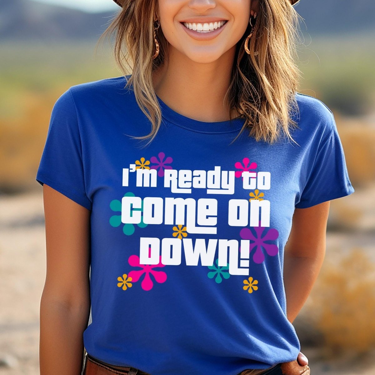 I'm Ready to Come on Down Price is Right Shirt with Colorful Retro Flowers - Blue - XS - Short
