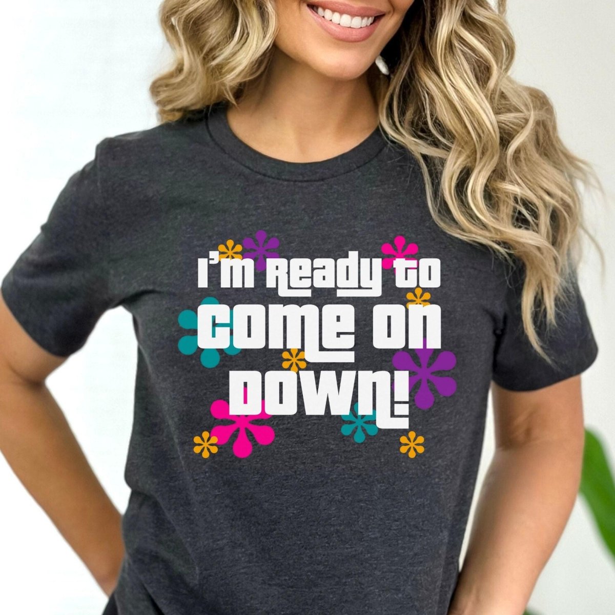 I'm Ready to Come on Down Price is Right Shirt with Colorful Retro Flowers - Dark Grey Heather - XS - Short