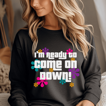 I'm Ready to Come on Down Price is Right Shirt with Colorful Retro Flowers - Dark Grey Heather - S - Long