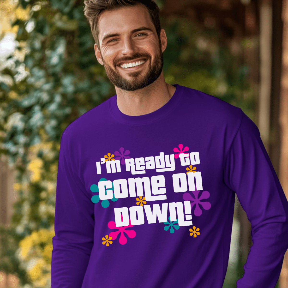 I'm Ready to Come on Down Price is Right Shirt with Colorful Retro Flowers - Purple - S - Long