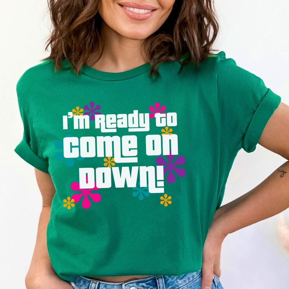 I'm Ready to Come on Down Price is Right Shirt with Colorful Retro Flowers - Green - XS - Short