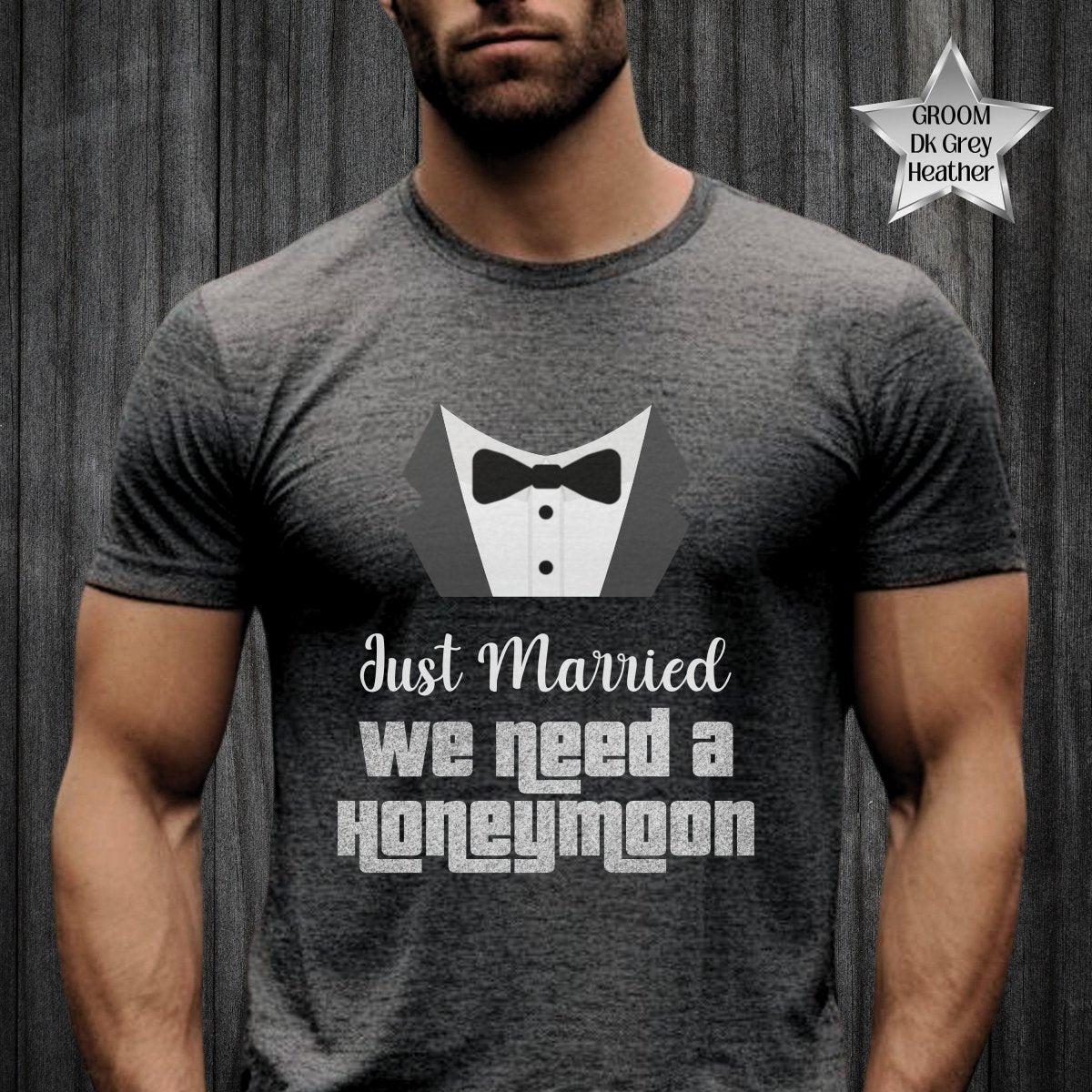 Just Married We Need a Honeymoon Price is Right Couple Fan Tee - Groom - Dark Grey Heather - XS