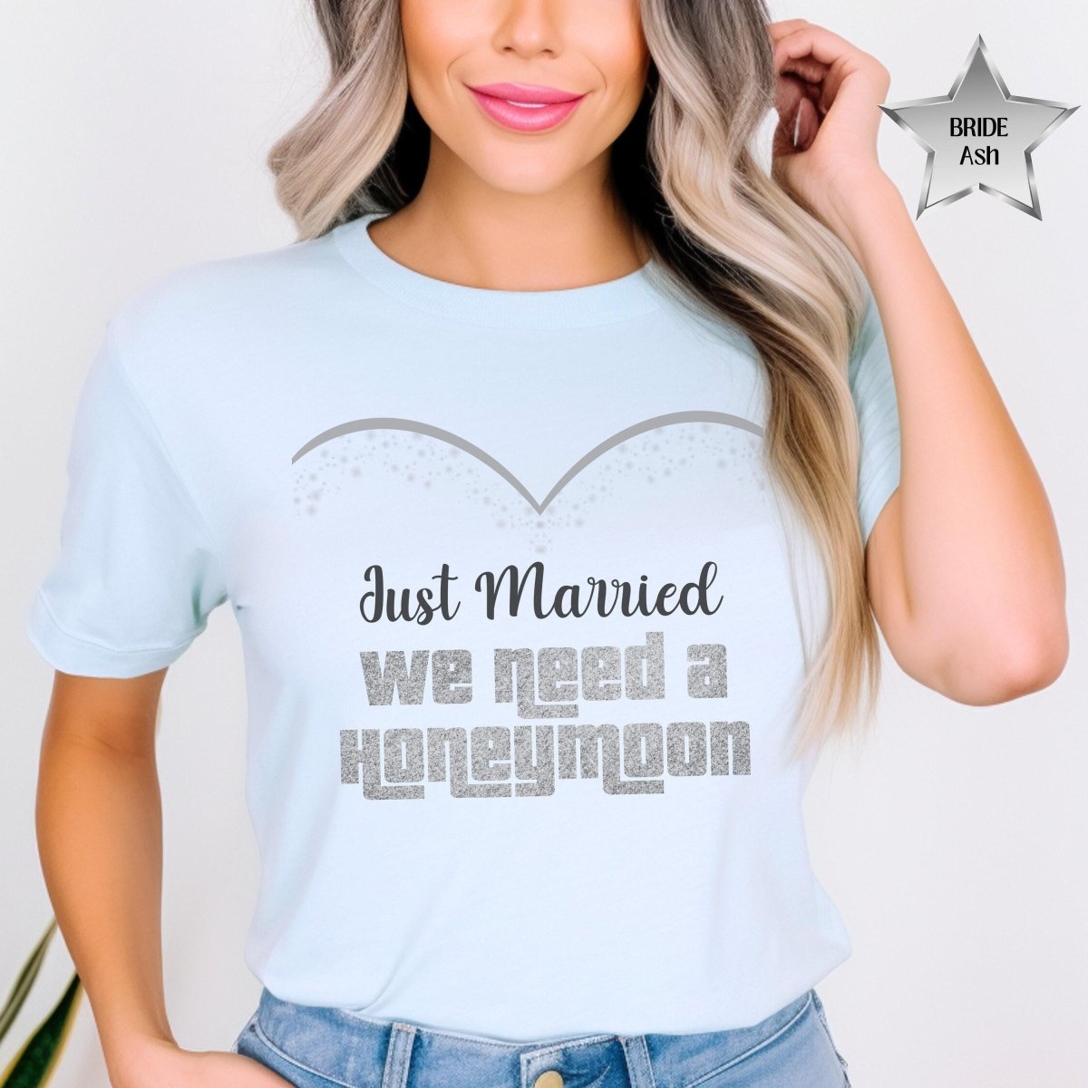 Just Married We Need a Honeymoon Price is Right Couple Fan Tee - Bride - Heather Ice Blue - XS