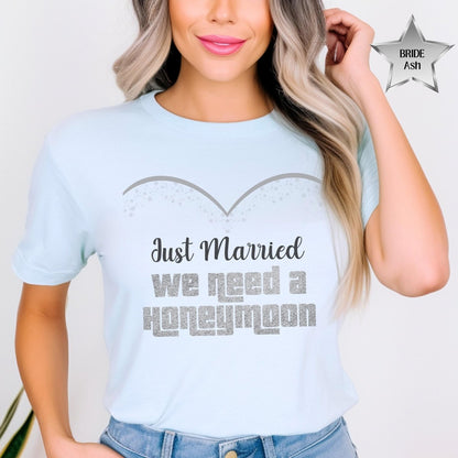 Just Married We Need a Honeymoon Price is Right Couple Fan Tee - Bride - Heather Ice Blue - XS