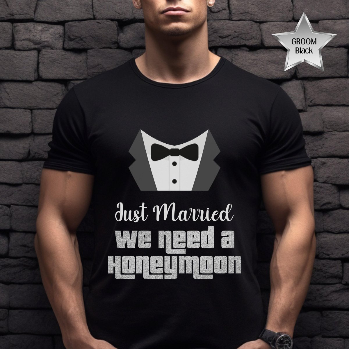 Just Married We Need a Honeymoon Price is Right Couple Fan Tee - Groom - Black - XS