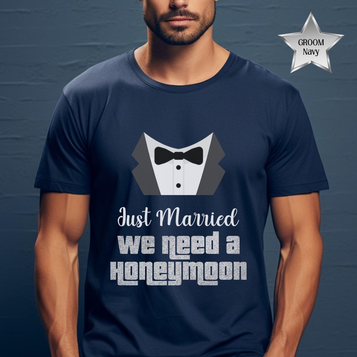 Just Married We Need a Honeymoon Price is Right Couple Fan Tee - Groom - Navy - XS