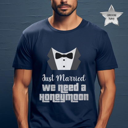 Just Married We Need a Honeymoon Price is Right Couple Fan Tee - Groom - Navy - XS