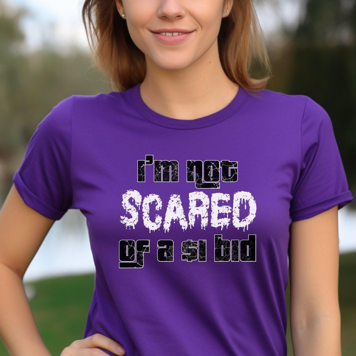Not Scared of a $1 Dollar Bid Halloween Shirt, Retro Game Show Fan Tee - Team Purple - XS -