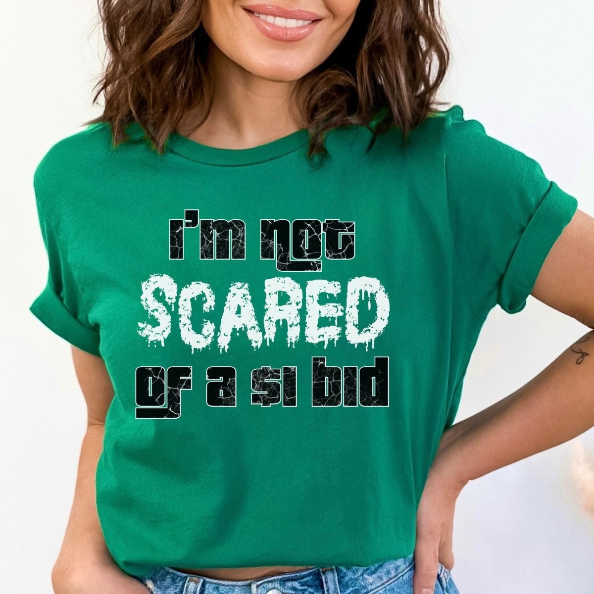 Not Scared of a $1 Dollar Bid Halloween Shirt, Retro Game Show Fan Tee - Kelly - XS -