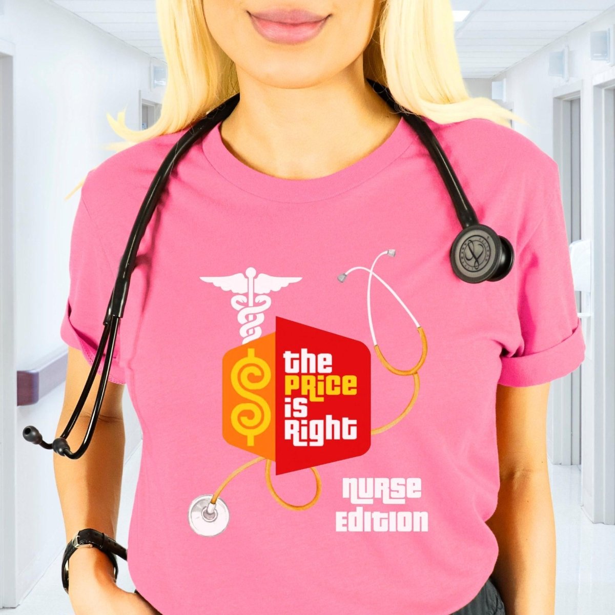 Nurse Edition Stethoscope Logo Price is Right RN Shirt, Funny Nursing Fan Gift - Charity Pink - XS -