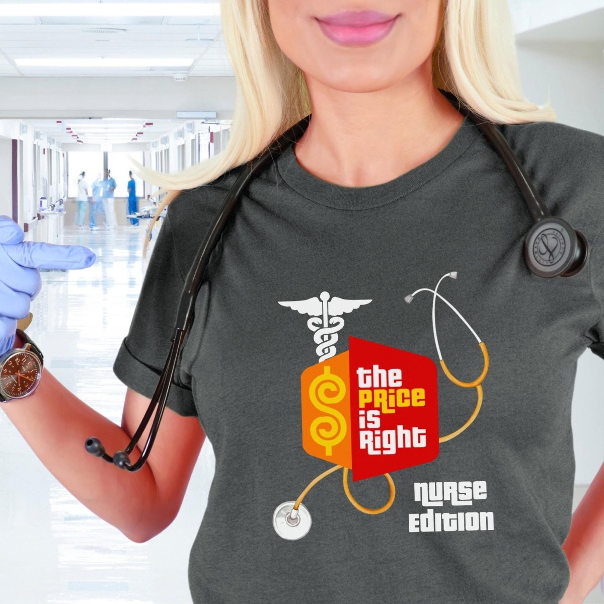 Nurse Edition Stethoscope Logo Price is Right RN Shirt, Funny Nursing Fan Gift - Dark Grey Heather - XS -