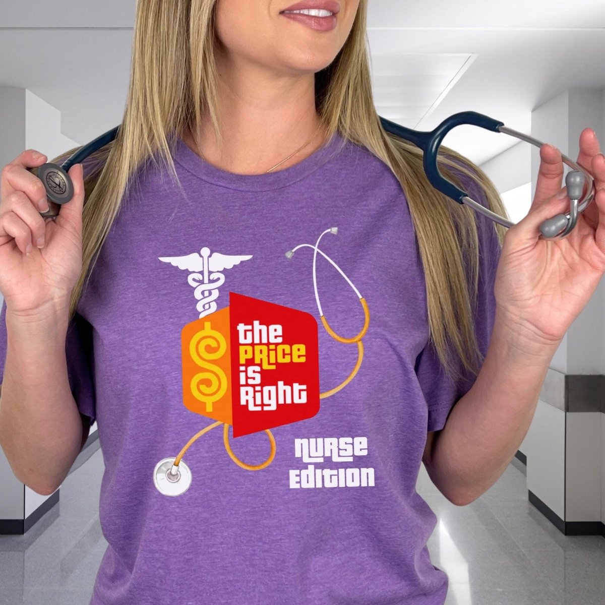 Nurse Edition Stethoscope Logo Price is Right RN Shirt, Funny Nursing Fan Gift - Heather Team Purple - XS -
