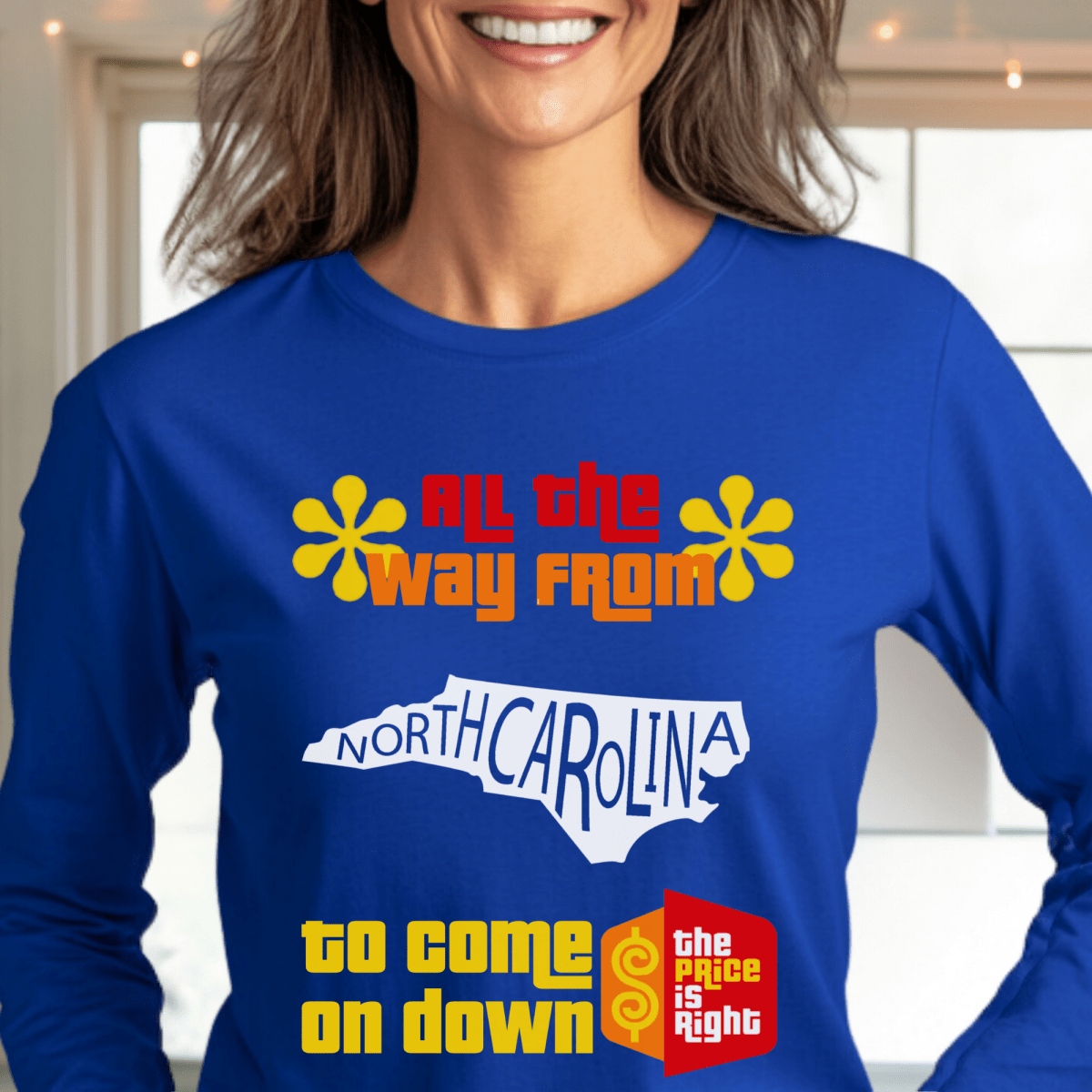 Personalized All the Way from "State" to Come on Down Price is Right Shirt for Traveler - Blue - XS - Long