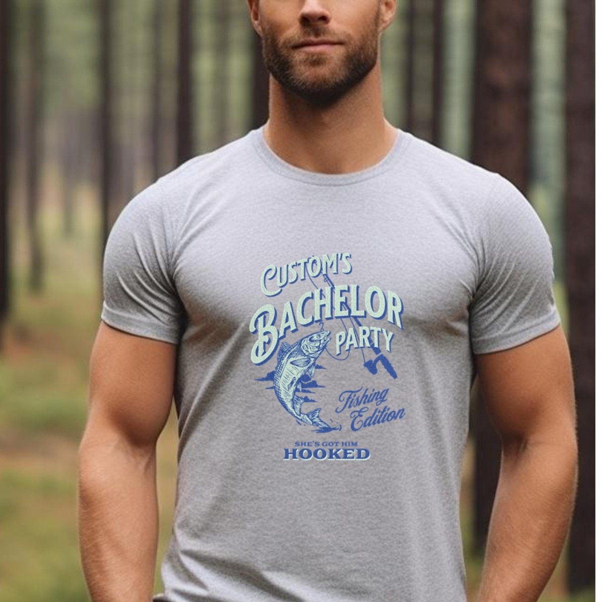 Personalized Bachelor Party Fishing Edition She's Got Him Hooked Shirt - Athletic Heather - XS - Groom - She's Got Me Hooked