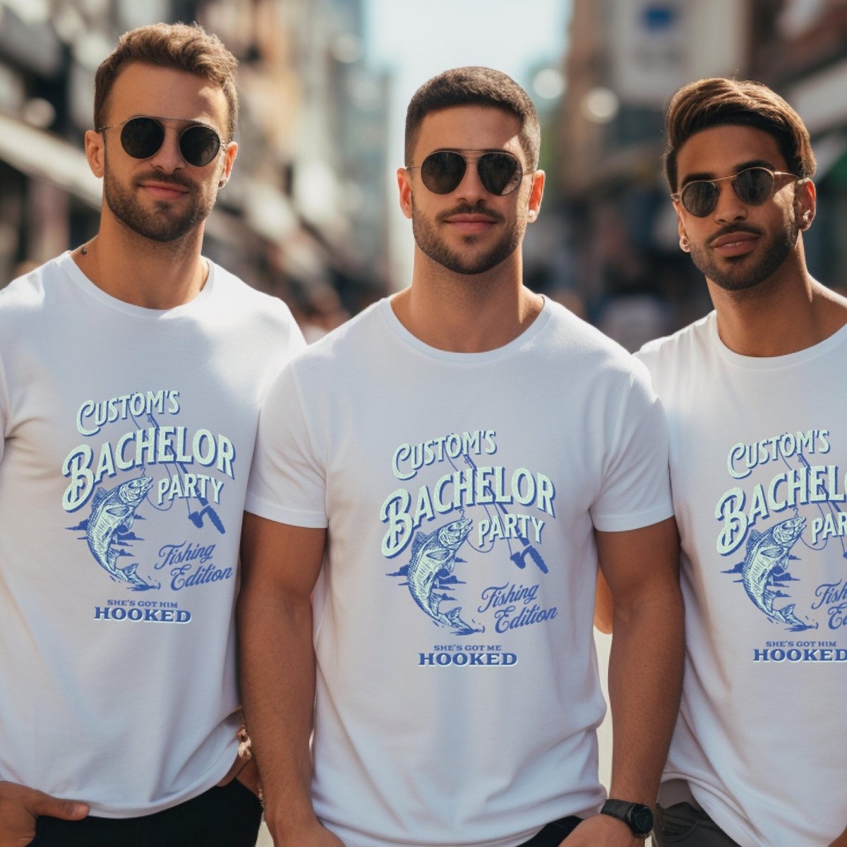 Personalized Bachelor Party Fishing Edition She's Got Him Hooked Shirt - White - XS - Groom - She's Got Me Hooked