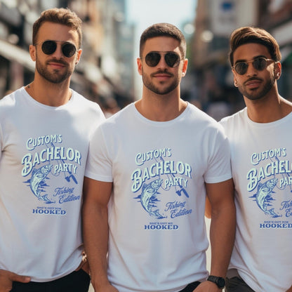 Personalized Bachelor Party Fishing Edition She's Got Him Hooked Shirt - White - XS - Groom - She's Got Me Hooked