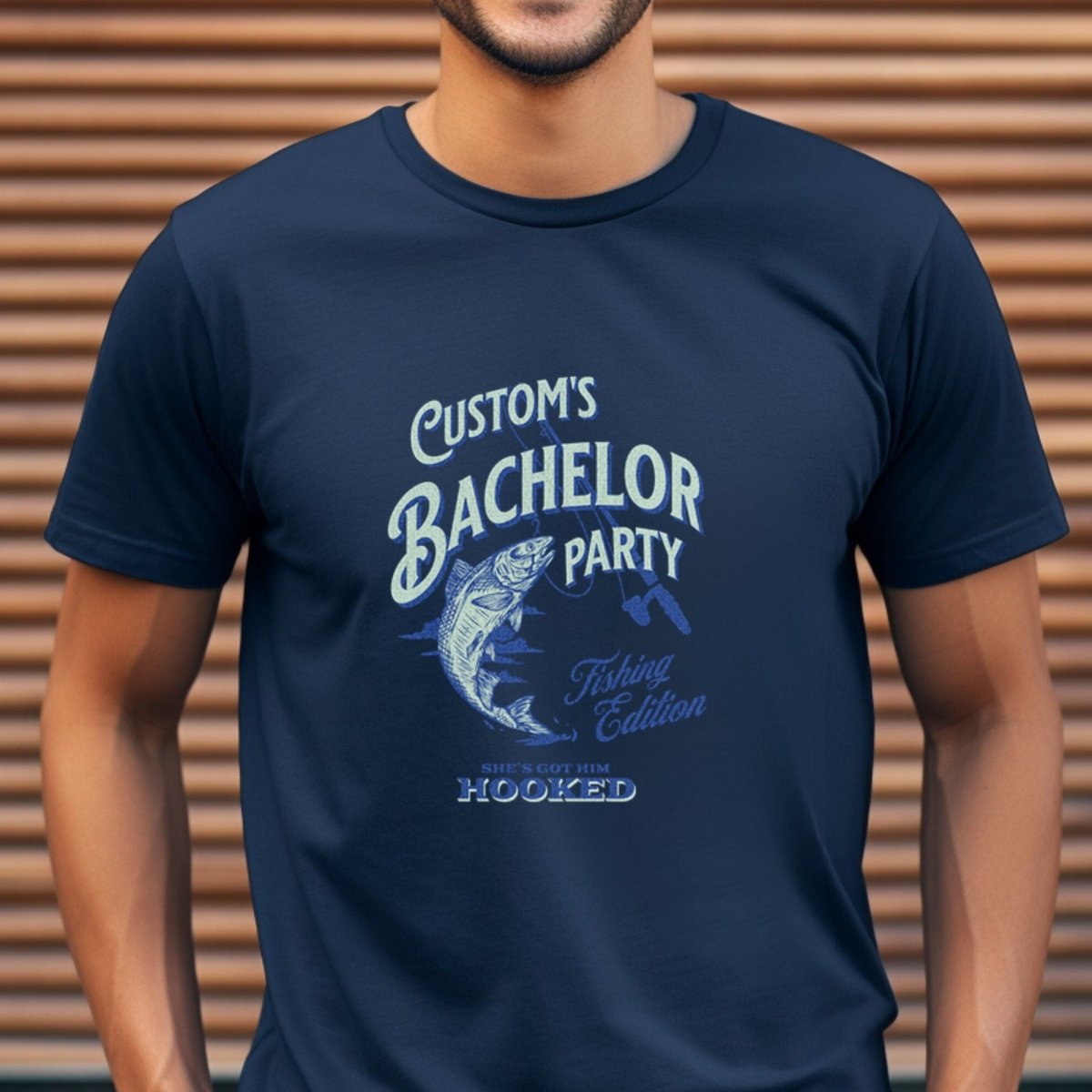 Personalized Bachelor Party Fishing Edition She's Got Him Hooked Shirt - Navy - XS - Groom - She's Got Me Hooked