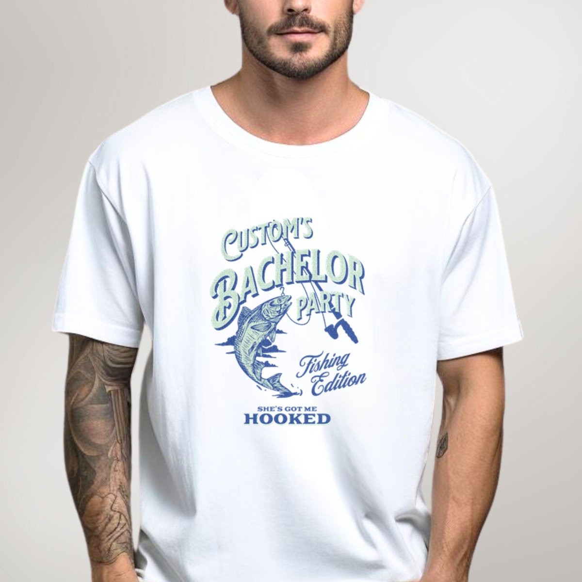 Personalized Bachelor Party Fishing Edition She's Got Him Hooked Shirt - White Express - S - Groom - She's Got Me Hooked