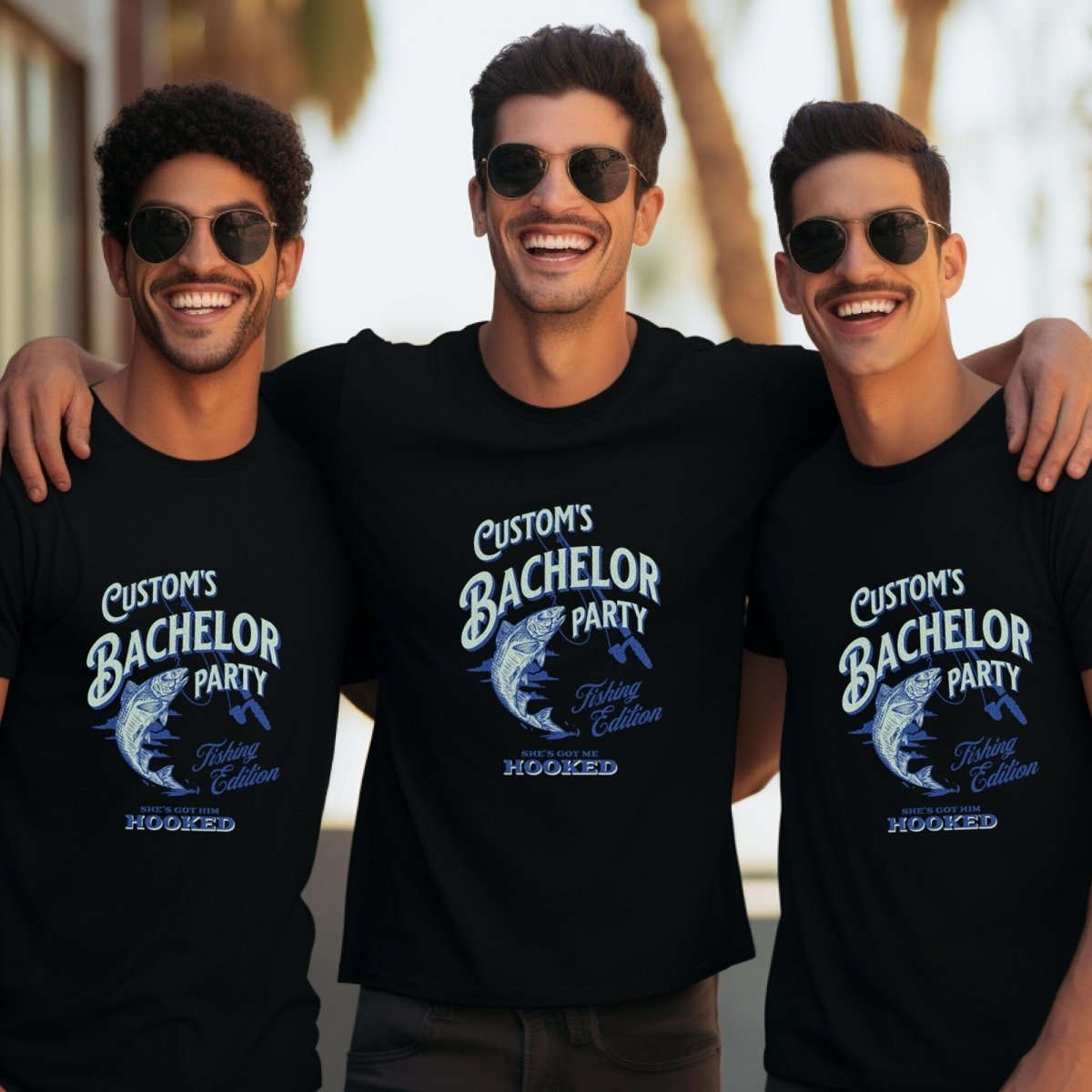 Personalized Bachelor Party Fishing Edition She's Got Him Hooked Shirt - Black - XS - Groom - She's Got Me Hooked