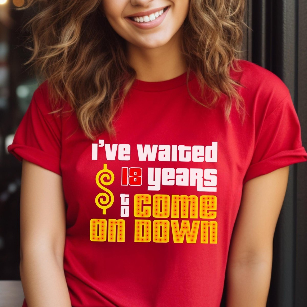 Personalized I’ve Waited XX Years to Come on Down Shirt for Longtime Fan Celebrating Milestone Birthday or Bucket List Trip - Red - XS - Short