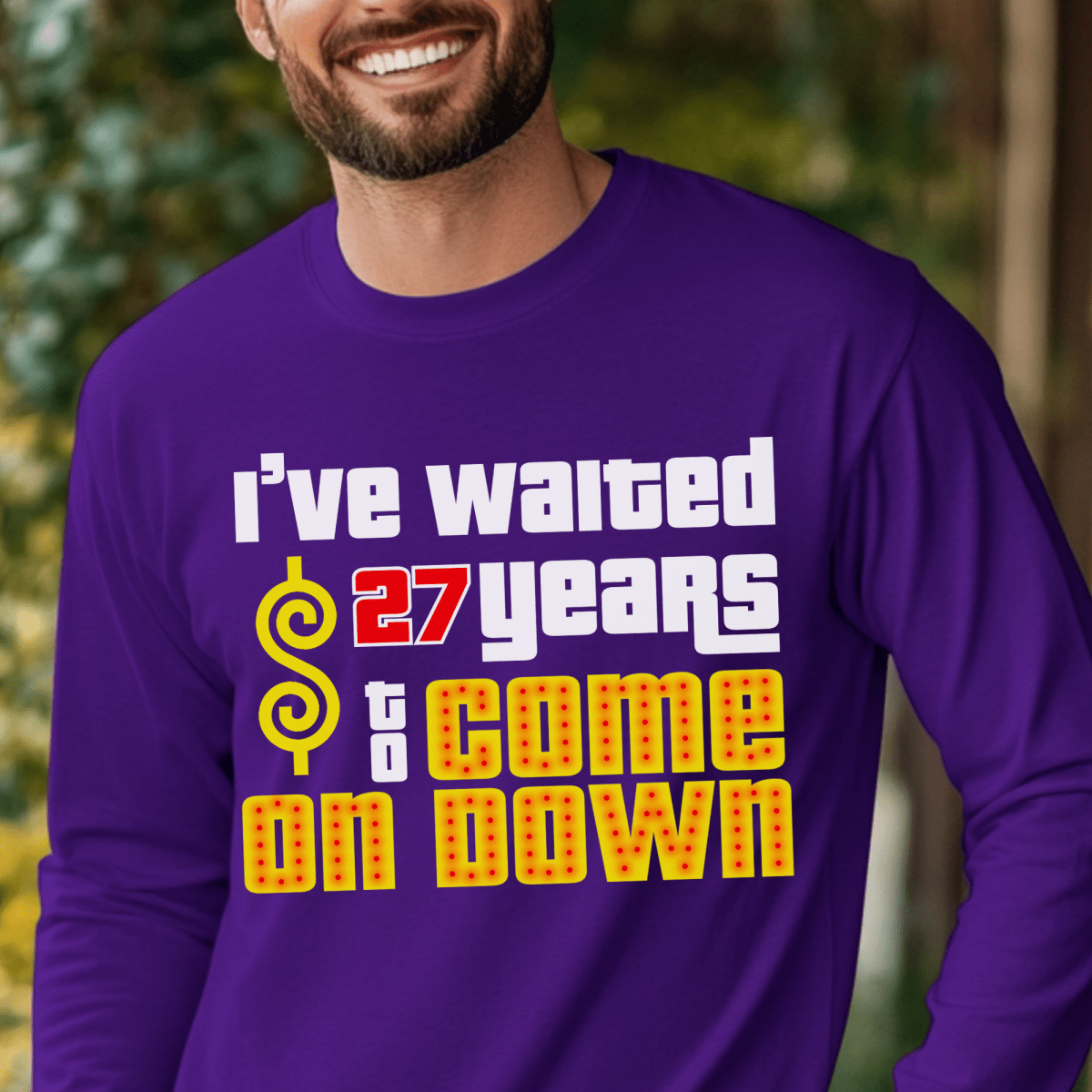 Personalized I’ve Waited XX Years to Come on Down Shirt for Longtime Fan Celebrating Milestone Birthday or Bucket List Trip - Purple - XS - Long