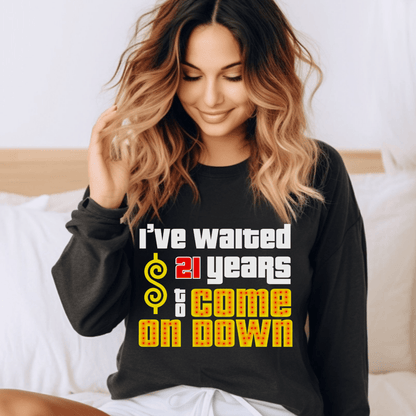 Personalized I’ve Waited XX Years to Come on Down Shirt for Longtime Fan Celebrating Milestone Birthday or Bucket List Trip - Black - XS - Long