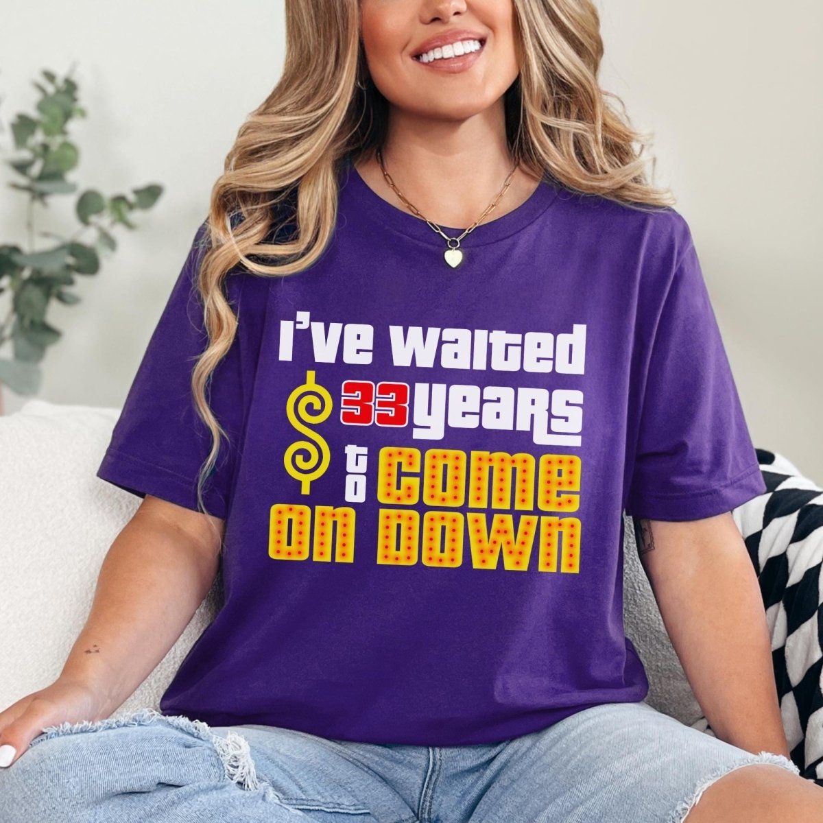Personalized I’ve Waited XX Years to Come on Down Shirt for Longtime Fan Celebrating Milestone Birthday or Bucket List Trip - Purple - XS - Short