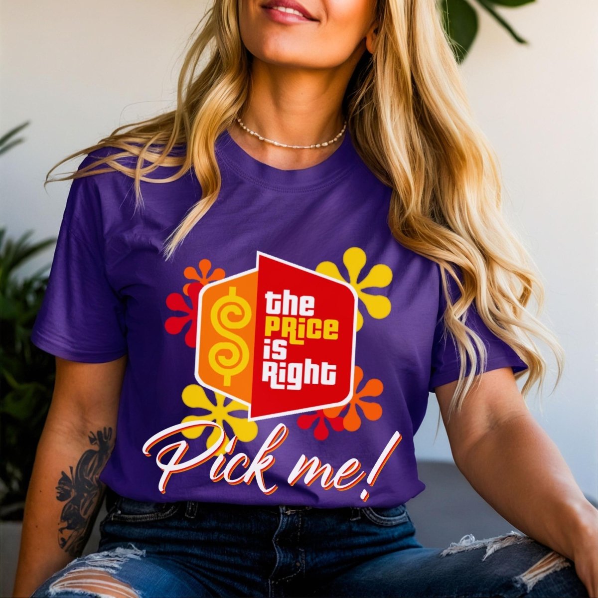 Pick Me Price is Right Shirt with Logo and Retro Flowers, Come on Down Fan Gift - Team Purple - XS -