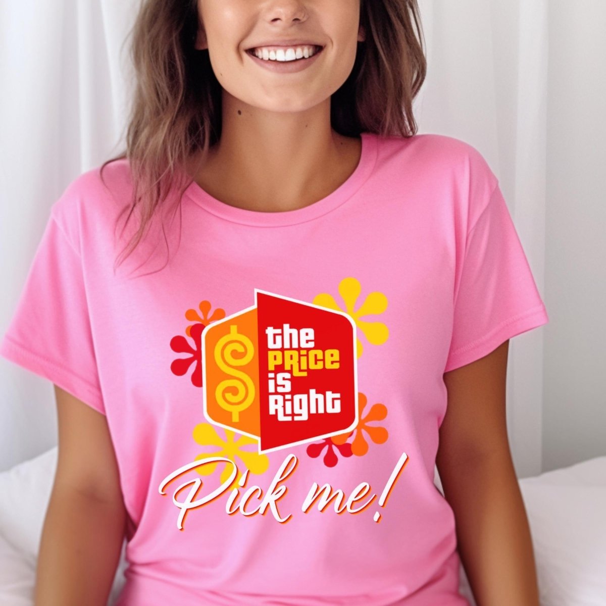 Pick Me Price is Right Shirt with Logo and Retro Flowers, Come on Down Fan Gift - Charity Pink - XS -