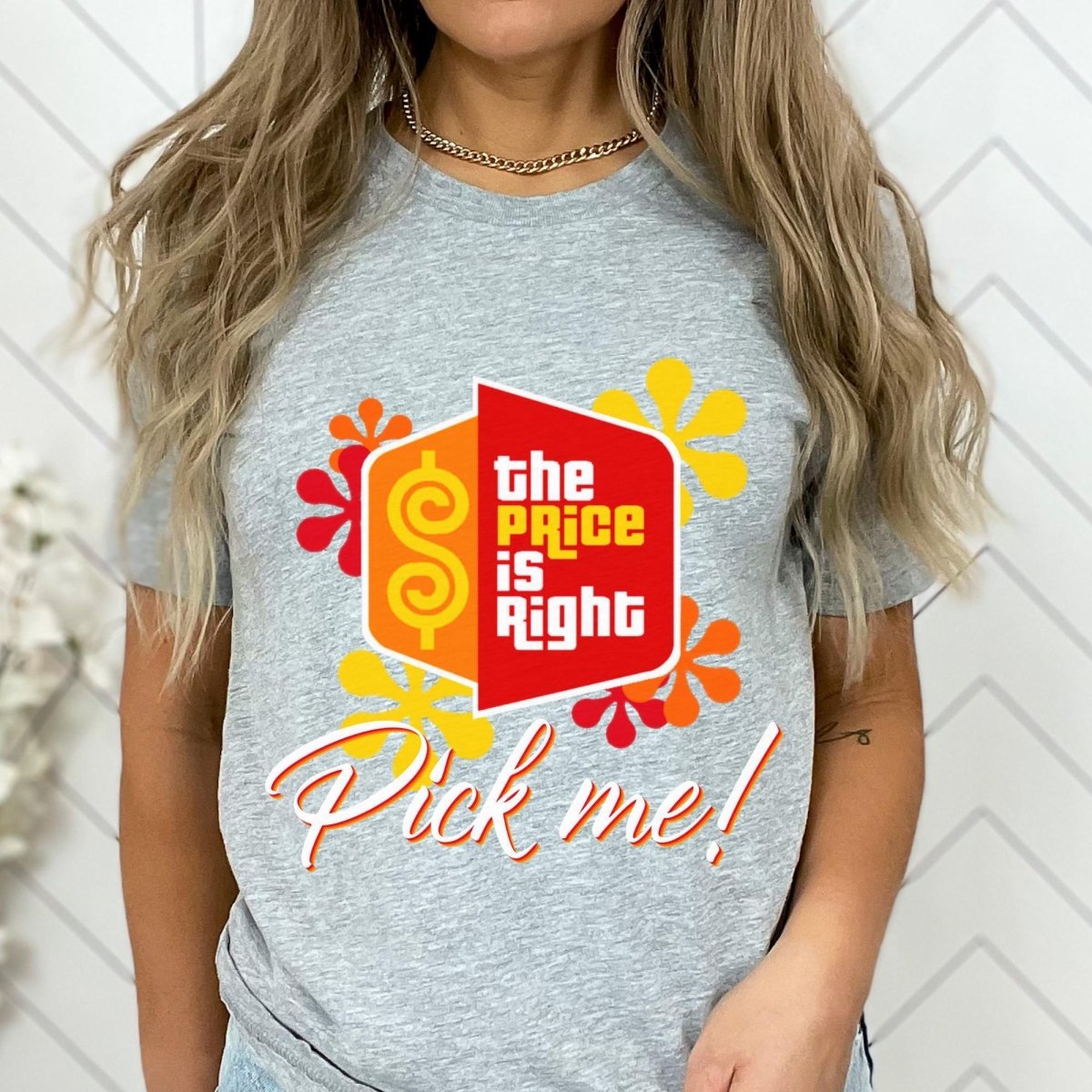 Pick Me Price is Right Shirt with Logo and Retro Flowers, Come on Down Fan Gift - Athletic Heather - XS -