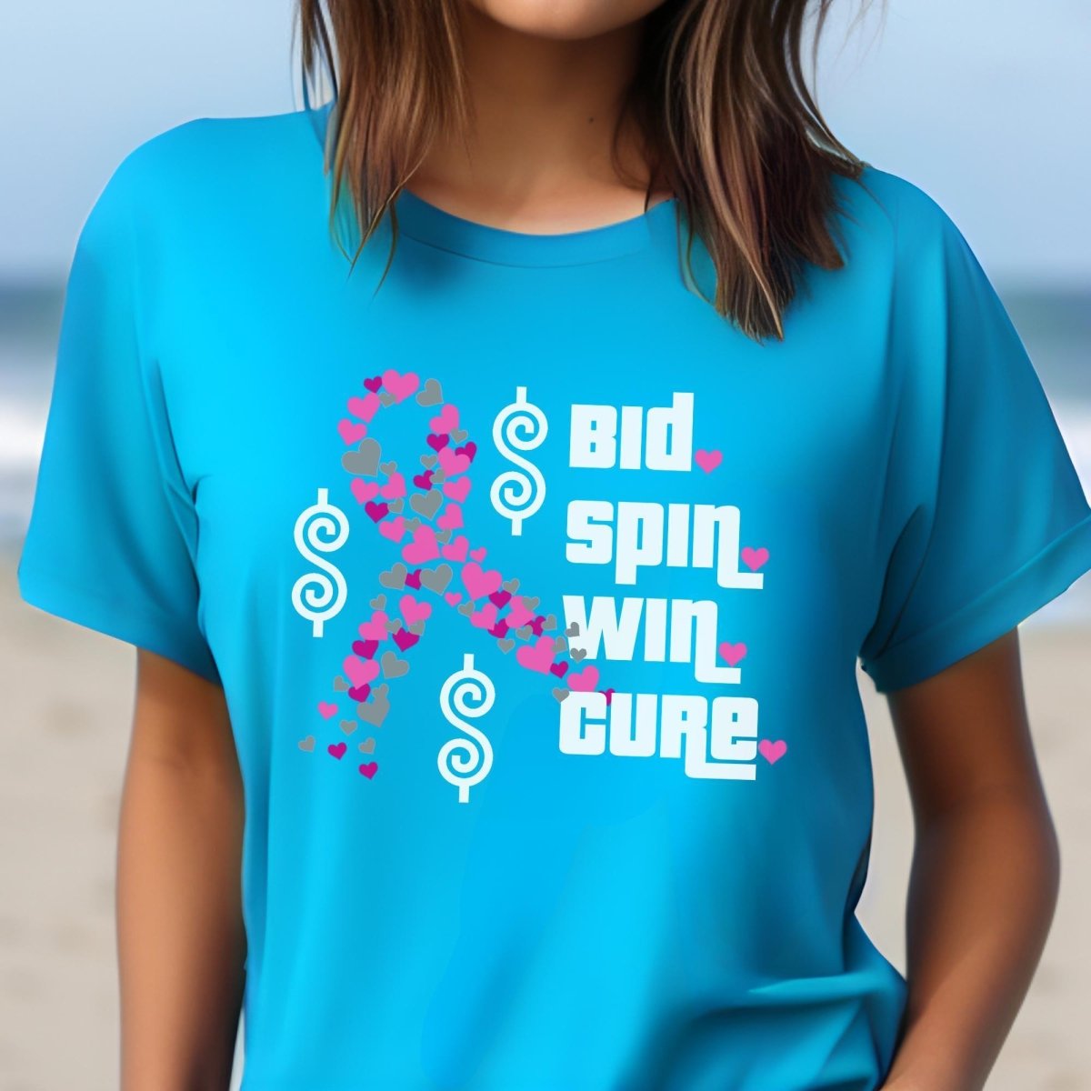 Price is Right Bid Spin Win Cure Shirt, Breast Cancer Awareness Tee, Pink Ribbon Fan Gift - Aqua - XS -
