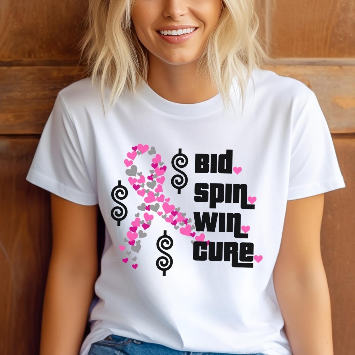 Price is Right Bid Spin Win Cure Shirt, Breast Cancer Awareness Tee, Pink Ribbon Fan Gift - White - XS -