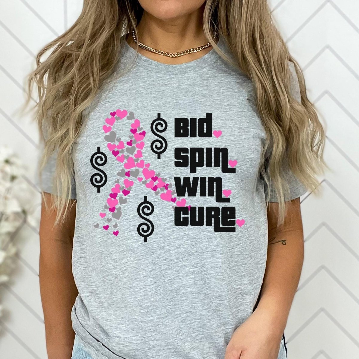 Price is Right Bid Spin Win Cure Shirt, Breast Cancer Awareness Tee, Pink Ribbon Fan Gift - Athletic Heather - XS -