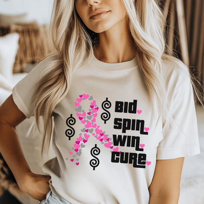 Price is Right Bid Spin Win Cure Shirt, Breast Cancer Awareness Tee, Pink Ribbon Fan Gift - Natural - XS -