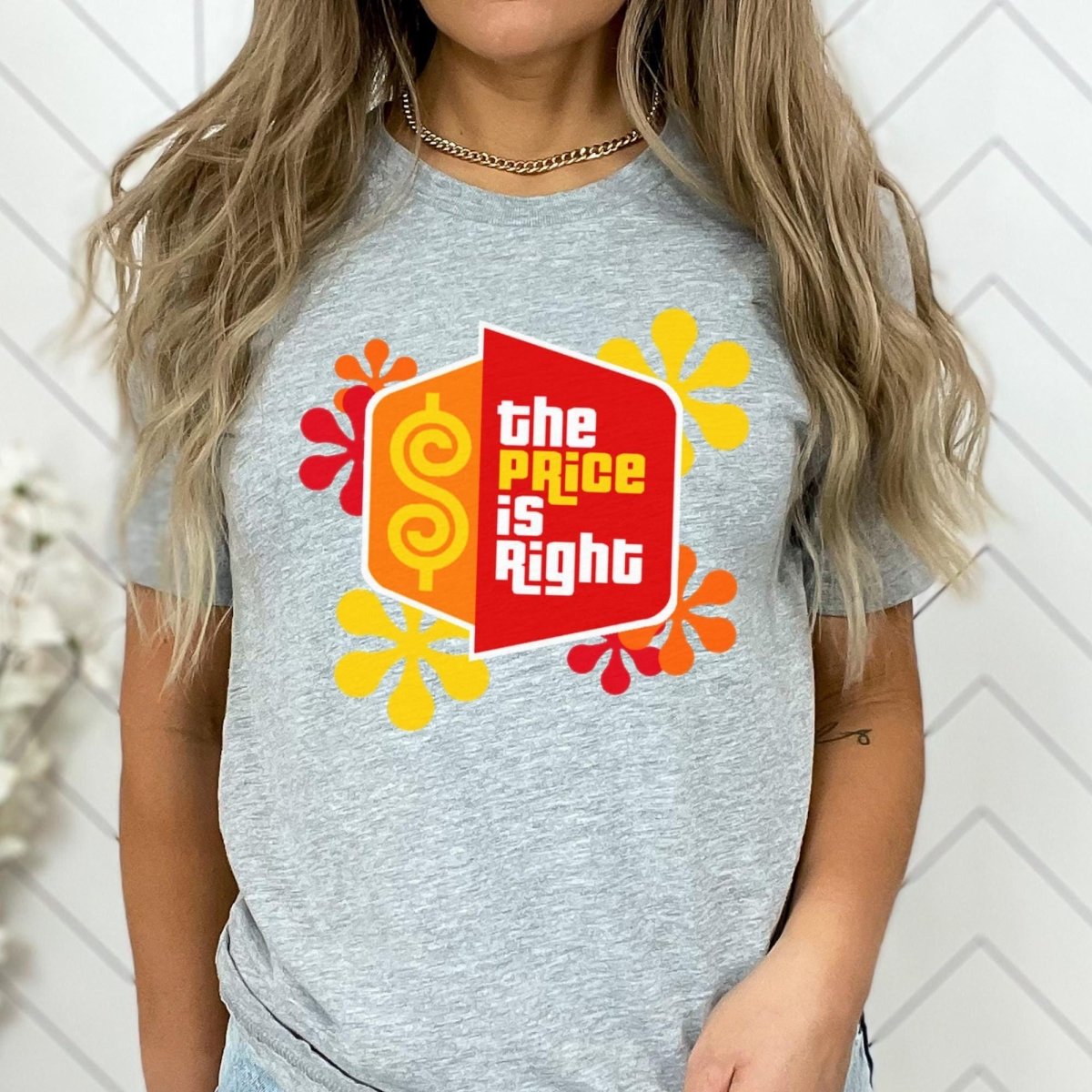 Price is Right Shirt with Retro Flowers and Logo in Short and Long Sleeve - Athletic Heather Grey - XS - Short